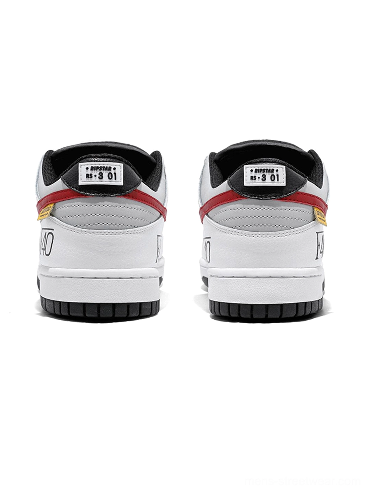 Rear view of Explosion Star low-top skate sneaker pair with white heel panels, red and yellow straps, F40 graphics, and 01-3 heel tabs
