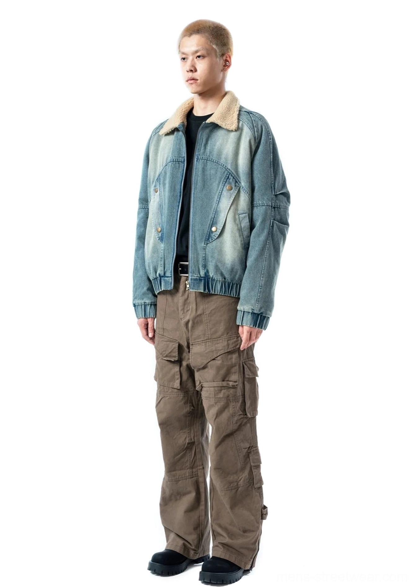 Full side view of faded ash blue sherpa collar denim bomber jacket in relaxed contemporary streetwear fit