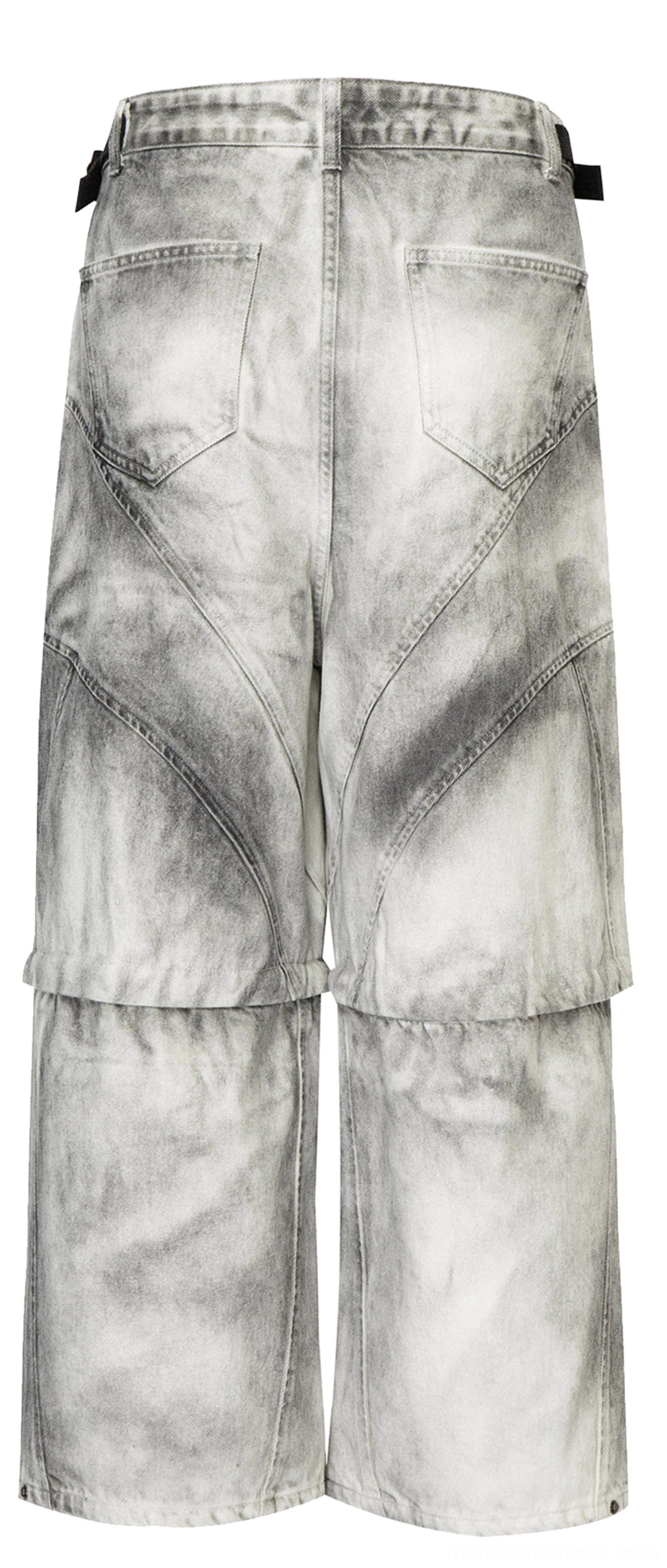 Full product view of faded ash grey moto cargo pants designed for convertible full length and cargo shorts streetwear outfits