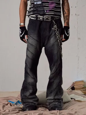 Front full-body view of faded black chain detail flared jeans with diagonal panel seams in Seoul streetwear styling