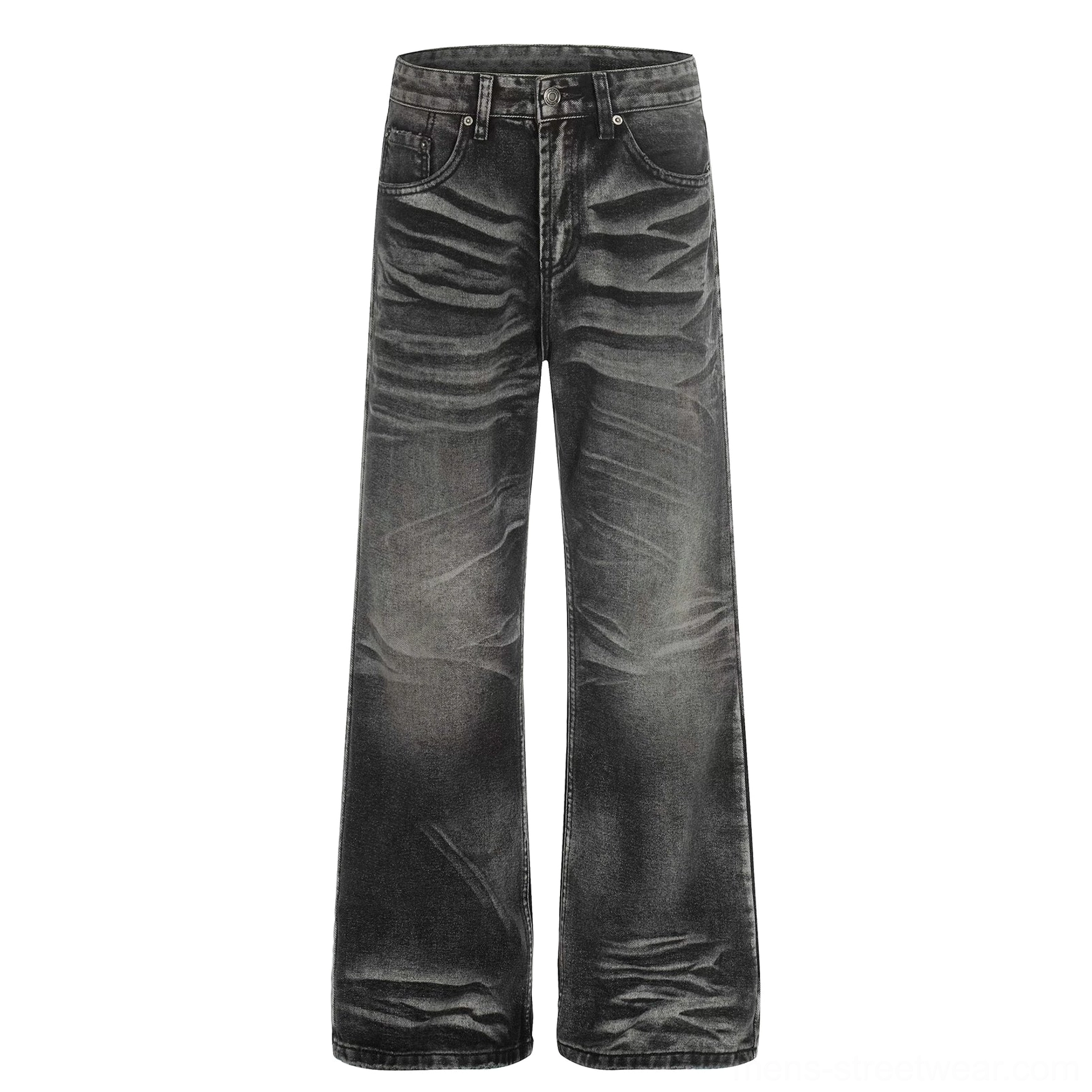 Flat lay front view of faded black flare jeans displaying front whisker fading, wide flared leg cut, zipper fly, waistband, belt loops, and classic five-pocket design