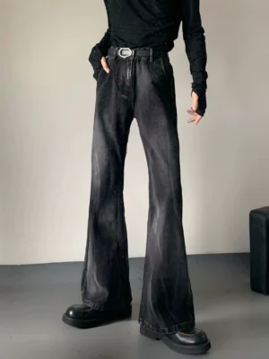 Faded black and gray flare denim jeans shown from the front with classic five pocket details, wide flared legs, and Korean streetwear styling