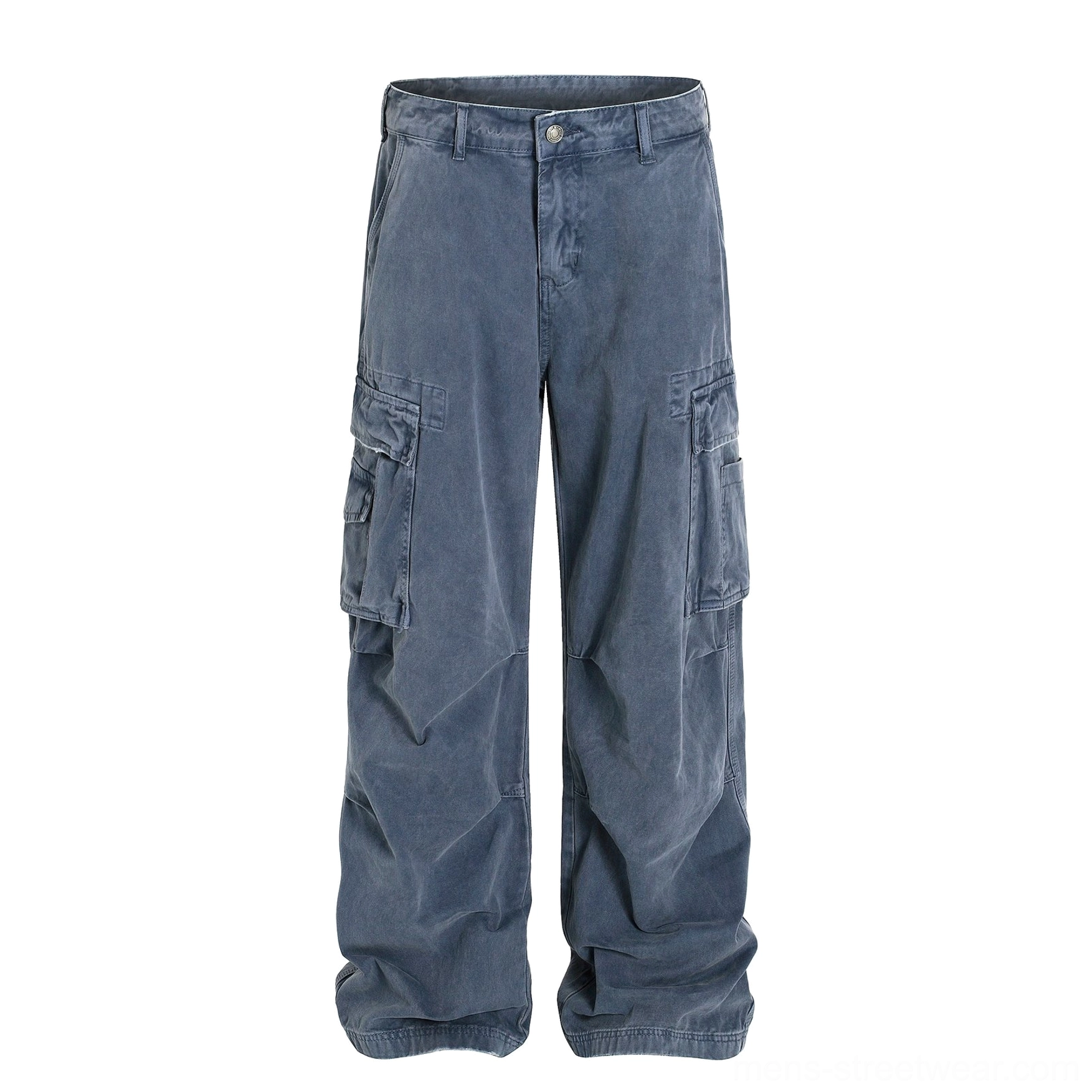 Flat lay of faded grey blue wide-leg cargo pants with zip button waist, thigh cargo pockets, and textured washed fabric