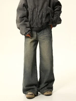 Full outfit with faded denim jacket and vintage blue wide-leg jeans in coordinated Korean streetwear style