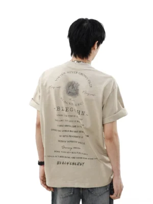 Back view of apricot faded dove memory graphic T-shirt showing vintage typography and full back streetwear print