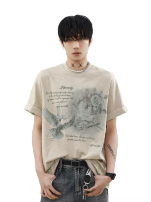 Front view of apricot vintage dove graphic tee with distressed rose and handwritten memory print styled with dark washed denim
