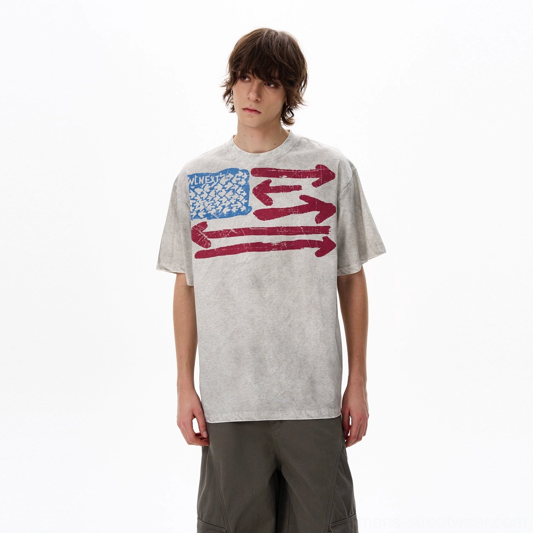 Front view of a faded light gray vintage flag graphic oversized T-shirt with sharp distressed retro chest artwork