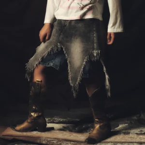 Close-up of faded grey distressed denim chaps with jagged frayed hem layered over blue denim shorts