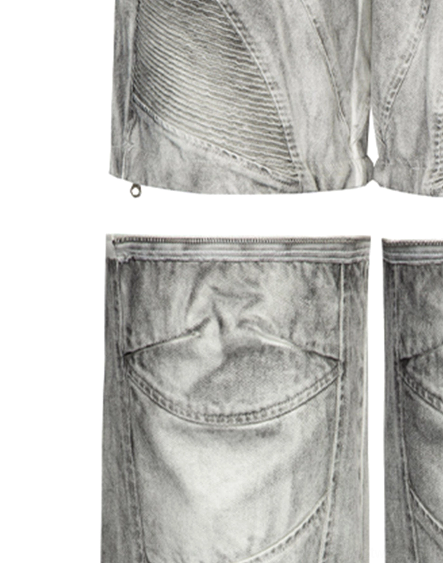 Moto convertible cargo pants in faded grey with functional pockets, detachable lower legs, and contemporary Seoul streetwear styling