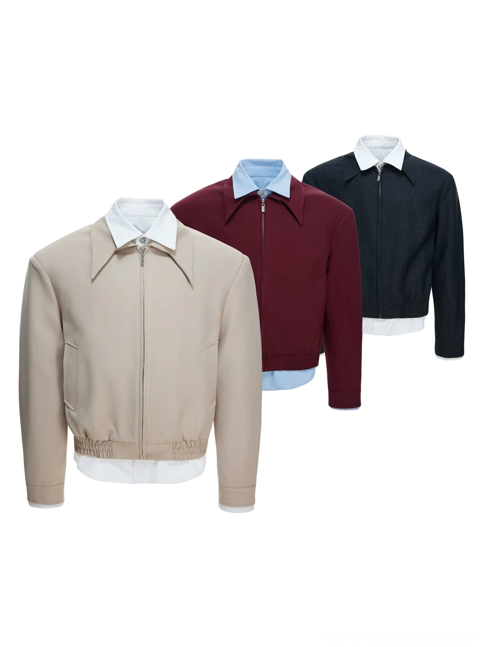 Front flat lay of a men's false-layer collar zip blouson jacket showing its cropped shape, exposed shirt collar and hem, and elasticated waistband