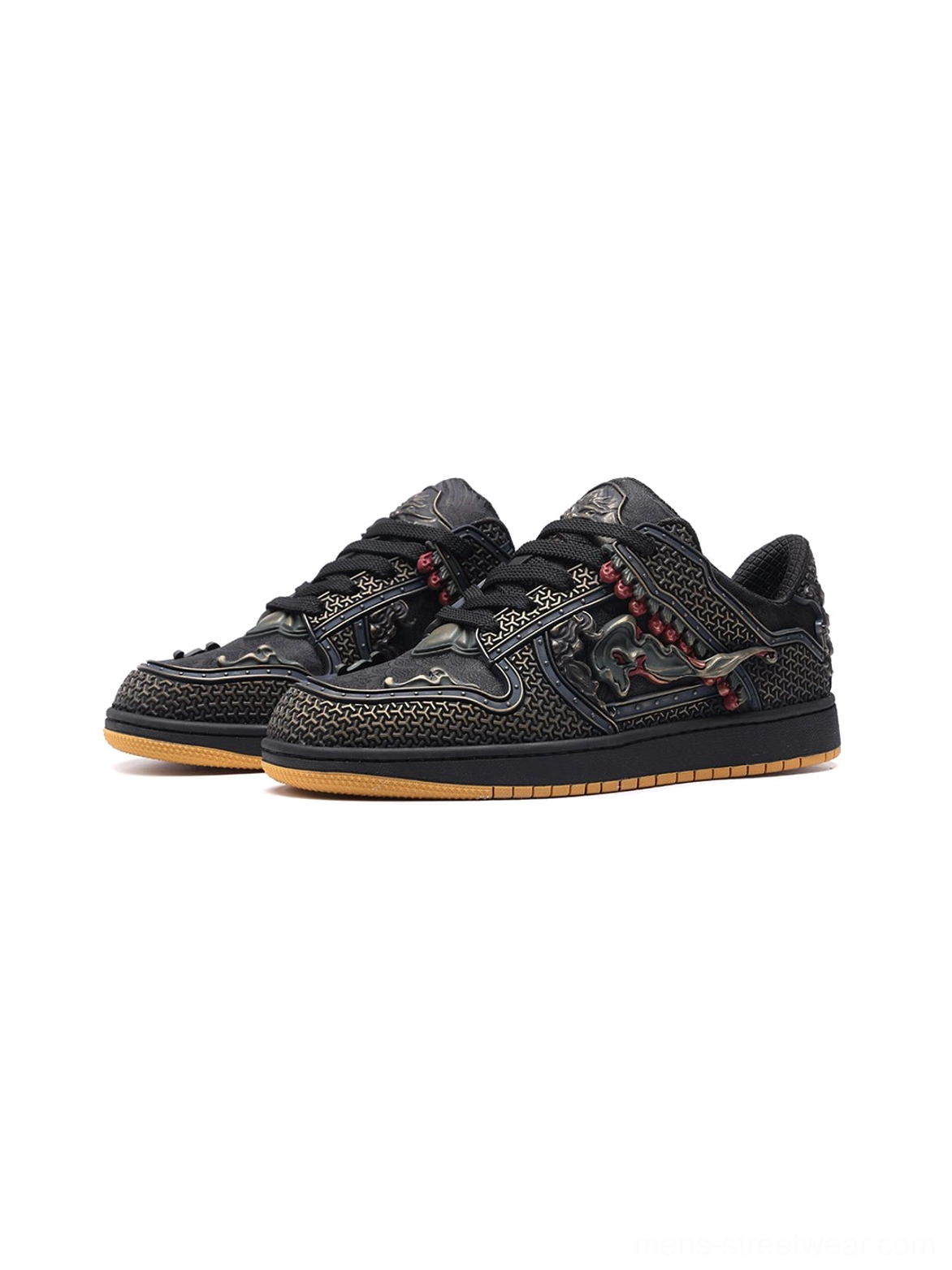 Fashion-forward black dragon low-top sneakers with bronze decorative accents for casual urban outfits