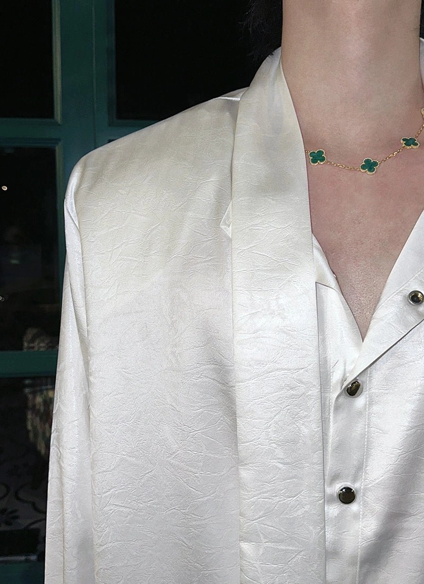 Fashion-forward glossy tie-neck shirt for avant-garde streetwear, K-pop-inspired, and Seoul-style outfits