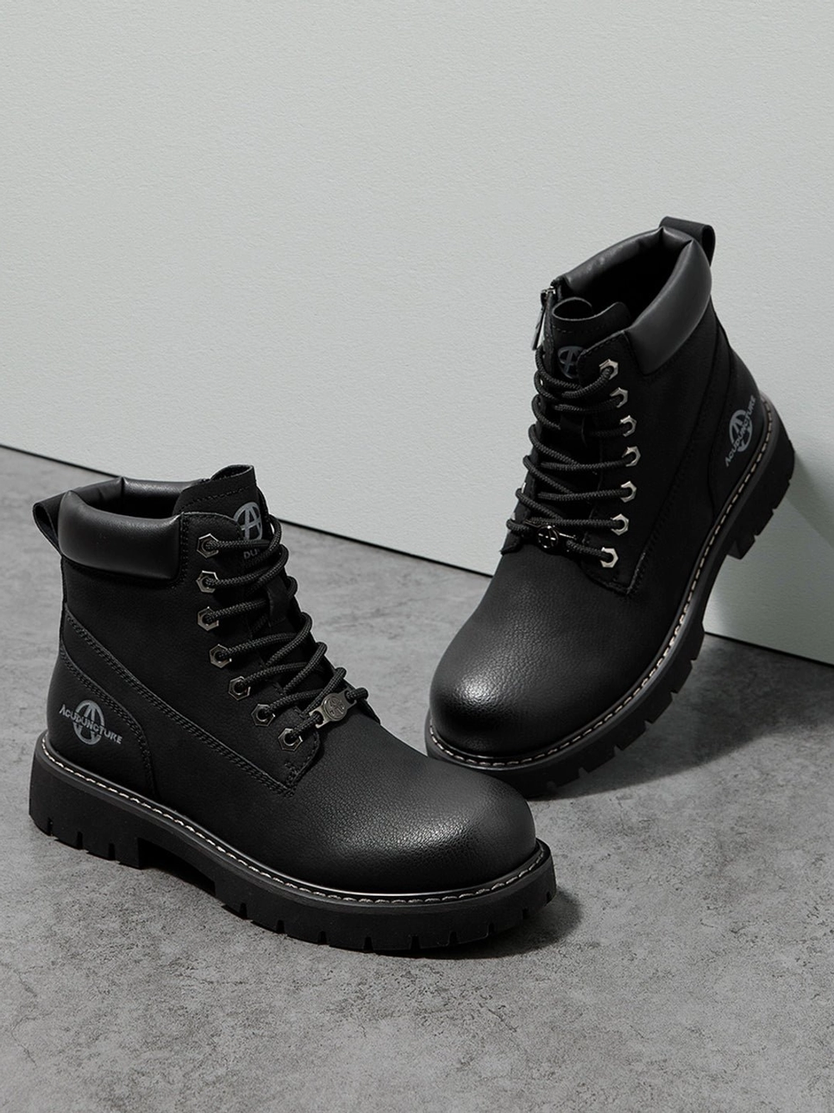 Fashion utility ankle boots with smooth synthetic upper and rugged sole for everyday urban outfits