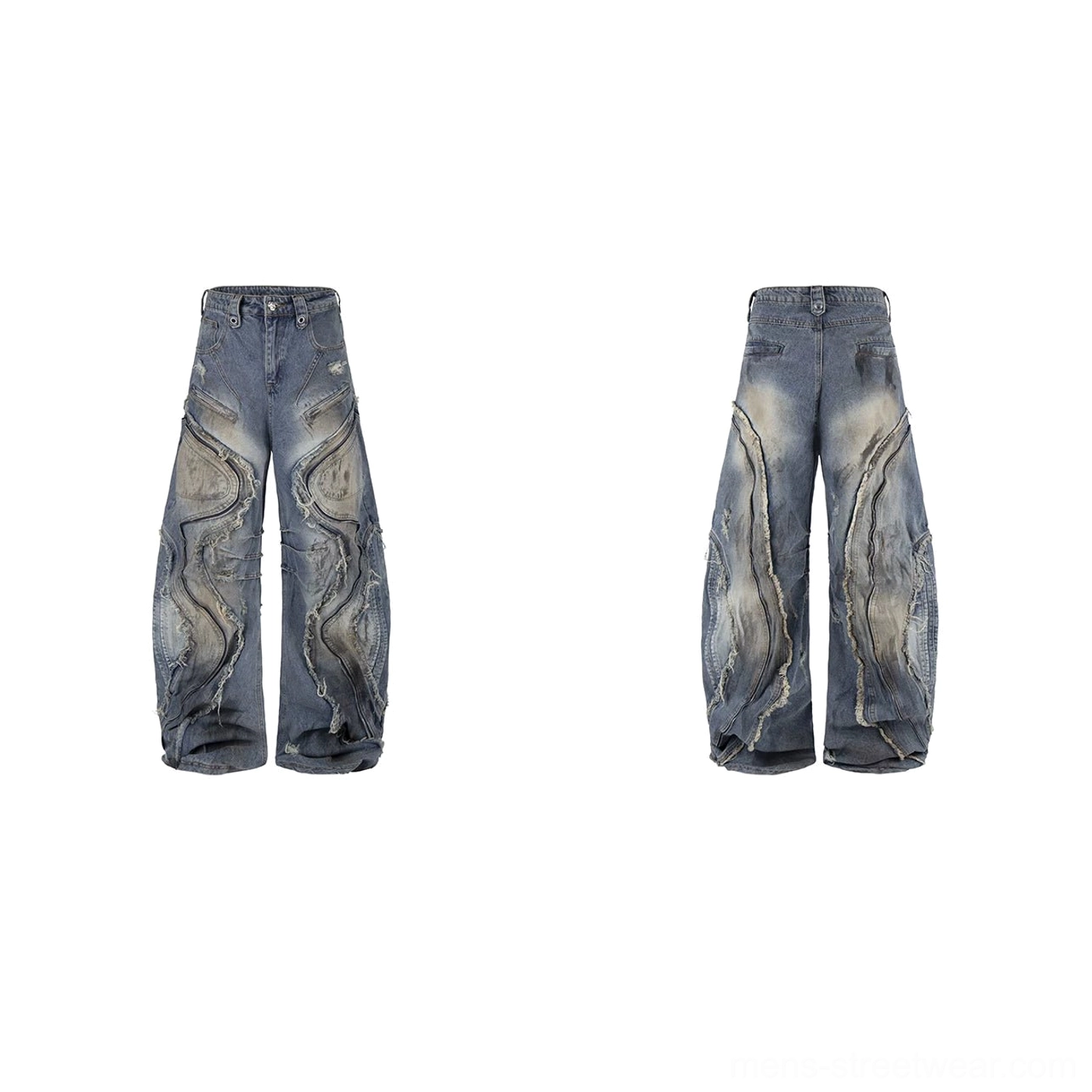 Back flat lay view of faded blue deconstructed wide-leg denim jeans displaying curved raw-edge panels vintage wash and relaxed streetwear silhouette