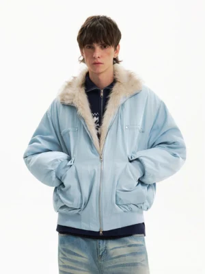 Sky blue oversized faux fur aviator bomber jacket with beige fur collar, front zipper, flap chest pockets, and Korean streetwear styling