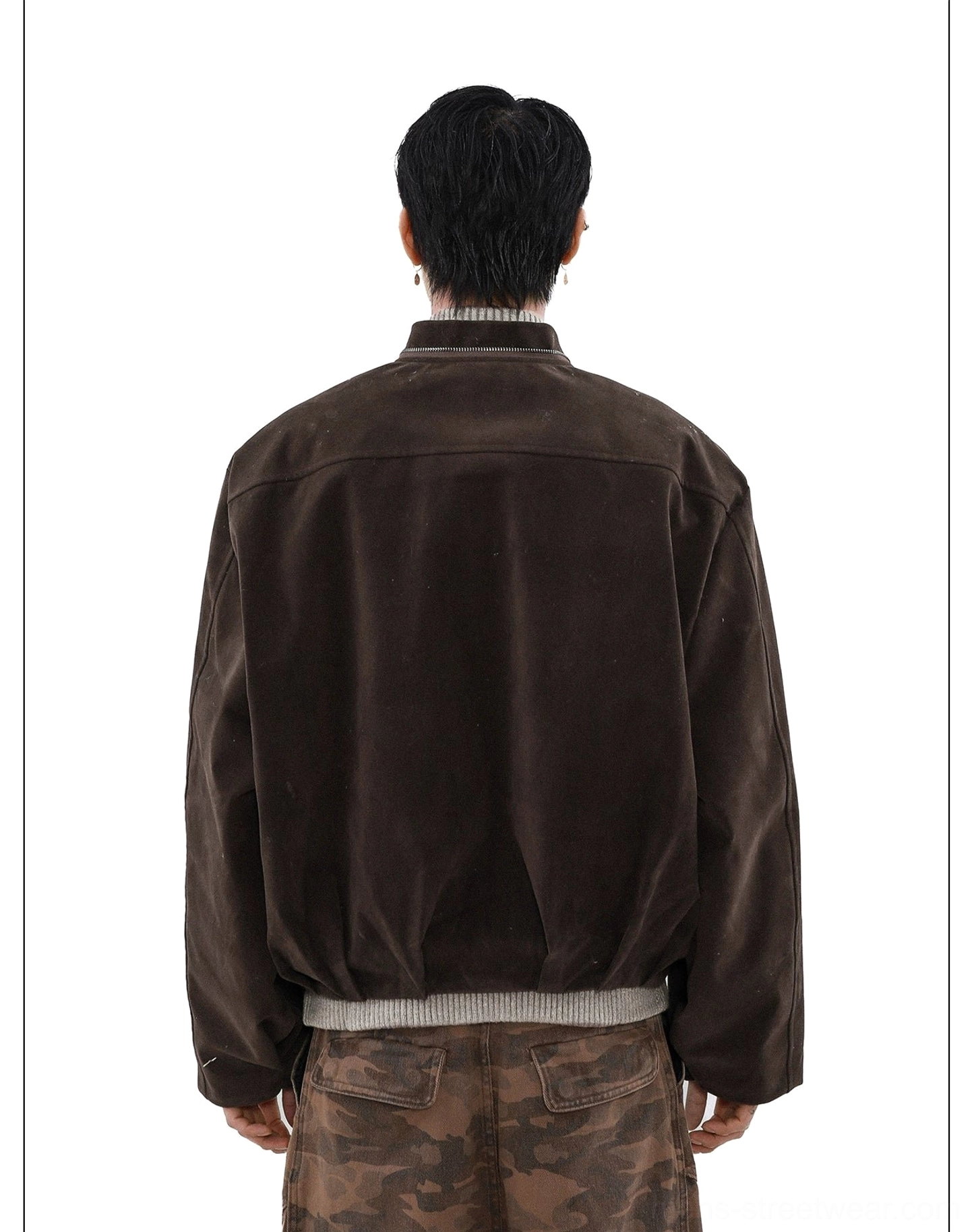 Faux fur collar suede bomber jacket detailed product view in warm Apricot streetwear colorway