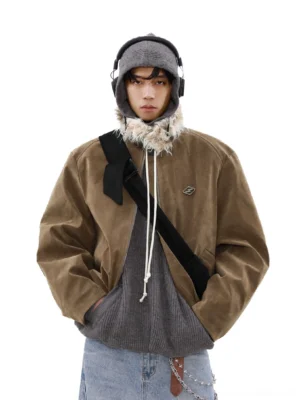 Apricot faux fur collar suede bomber jacket front portrait with layered Korean streetwear outfit