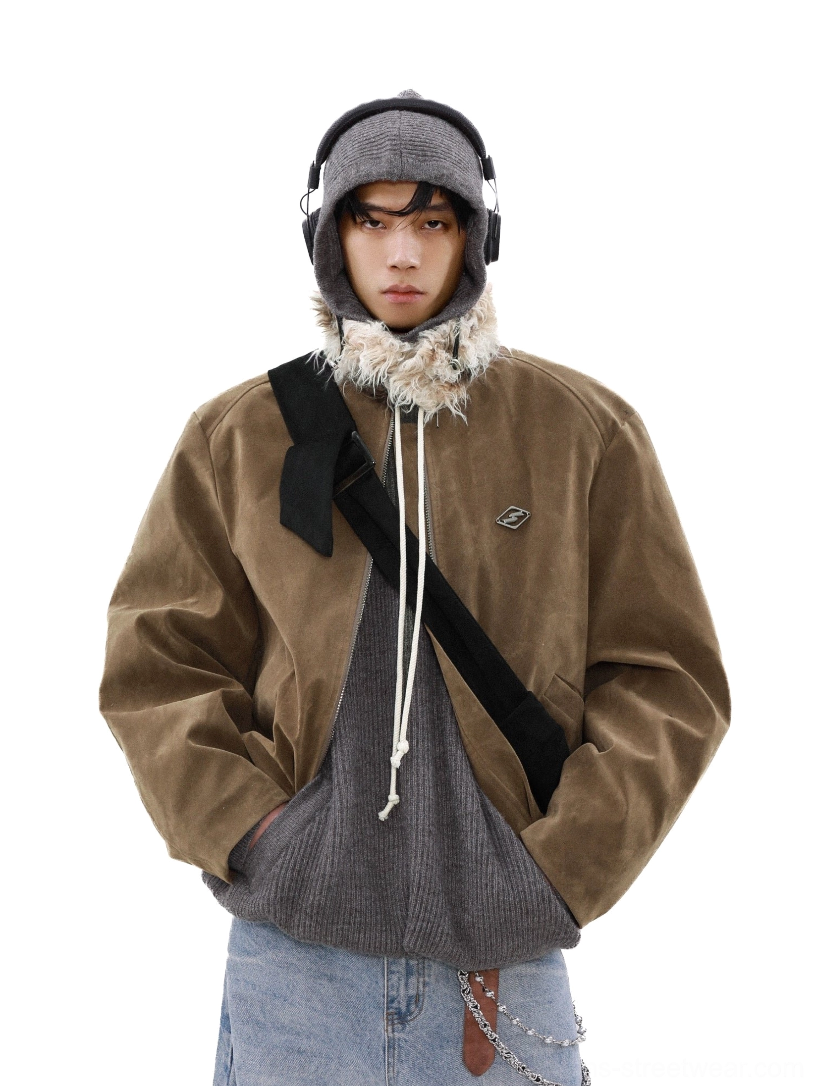 Apricot faux fur collar suede bomber jacket front portrait with layered Korean streetwear outfit