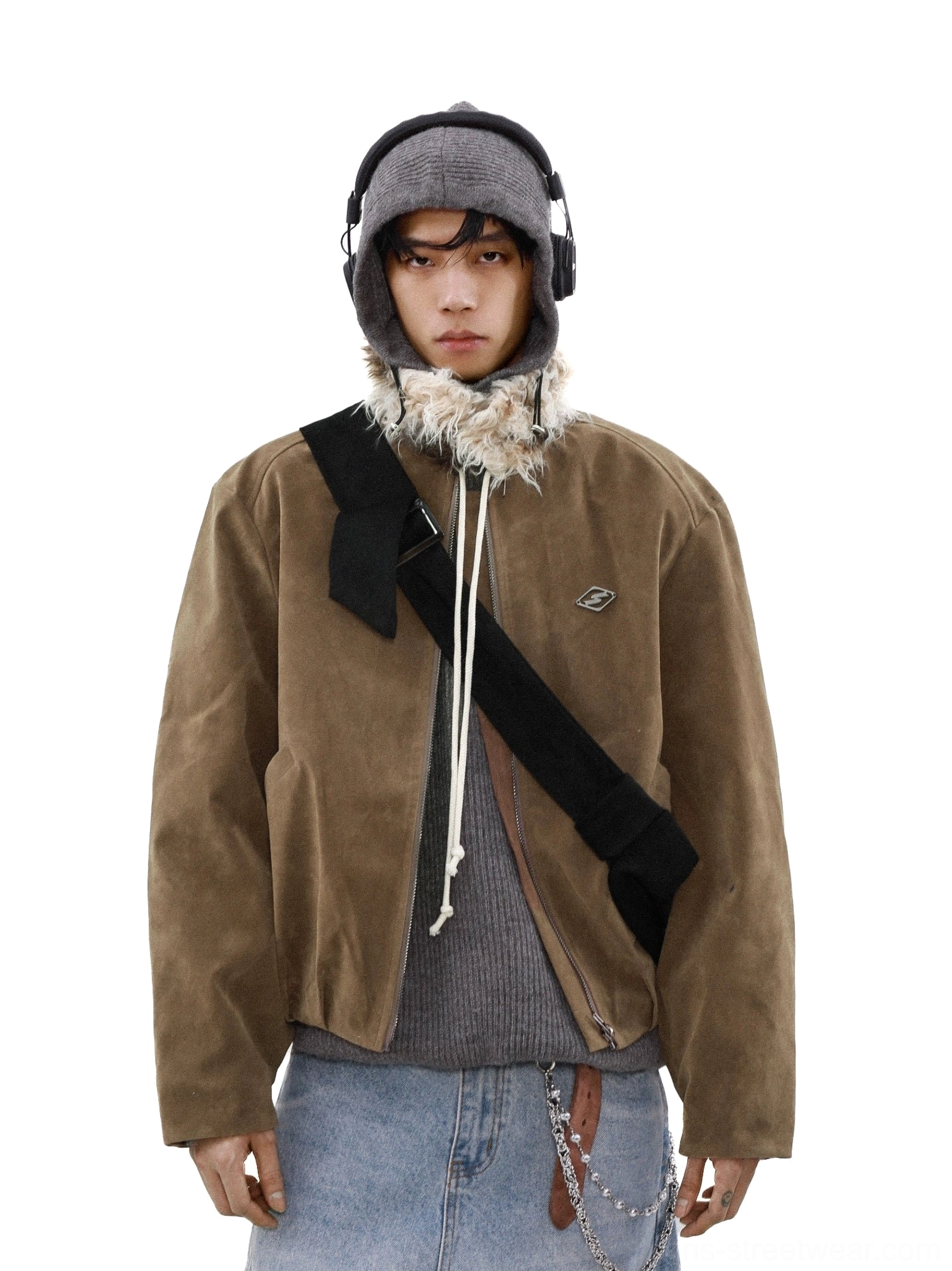 Apricot suede-look faux fur collar bomber jacket styled with layered knitwear and denim jeans
