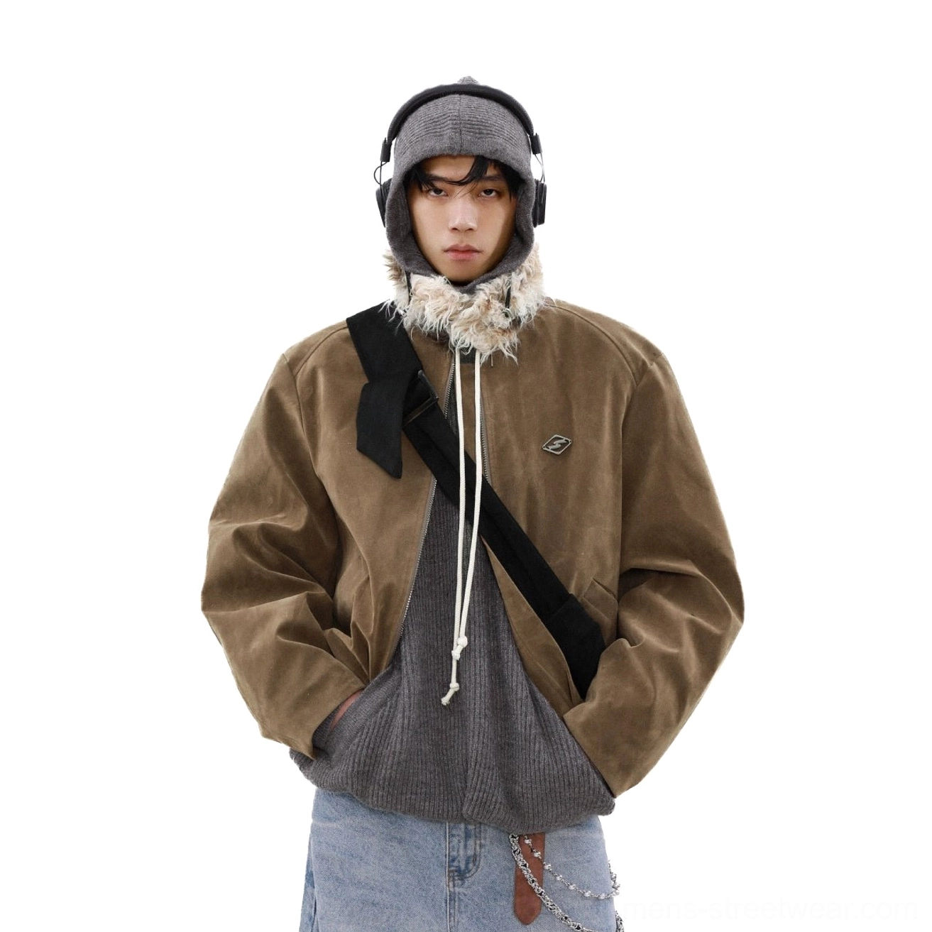 Apricot faux fur collar suede bomber jacket product image with soft vintage aviator inspired finish