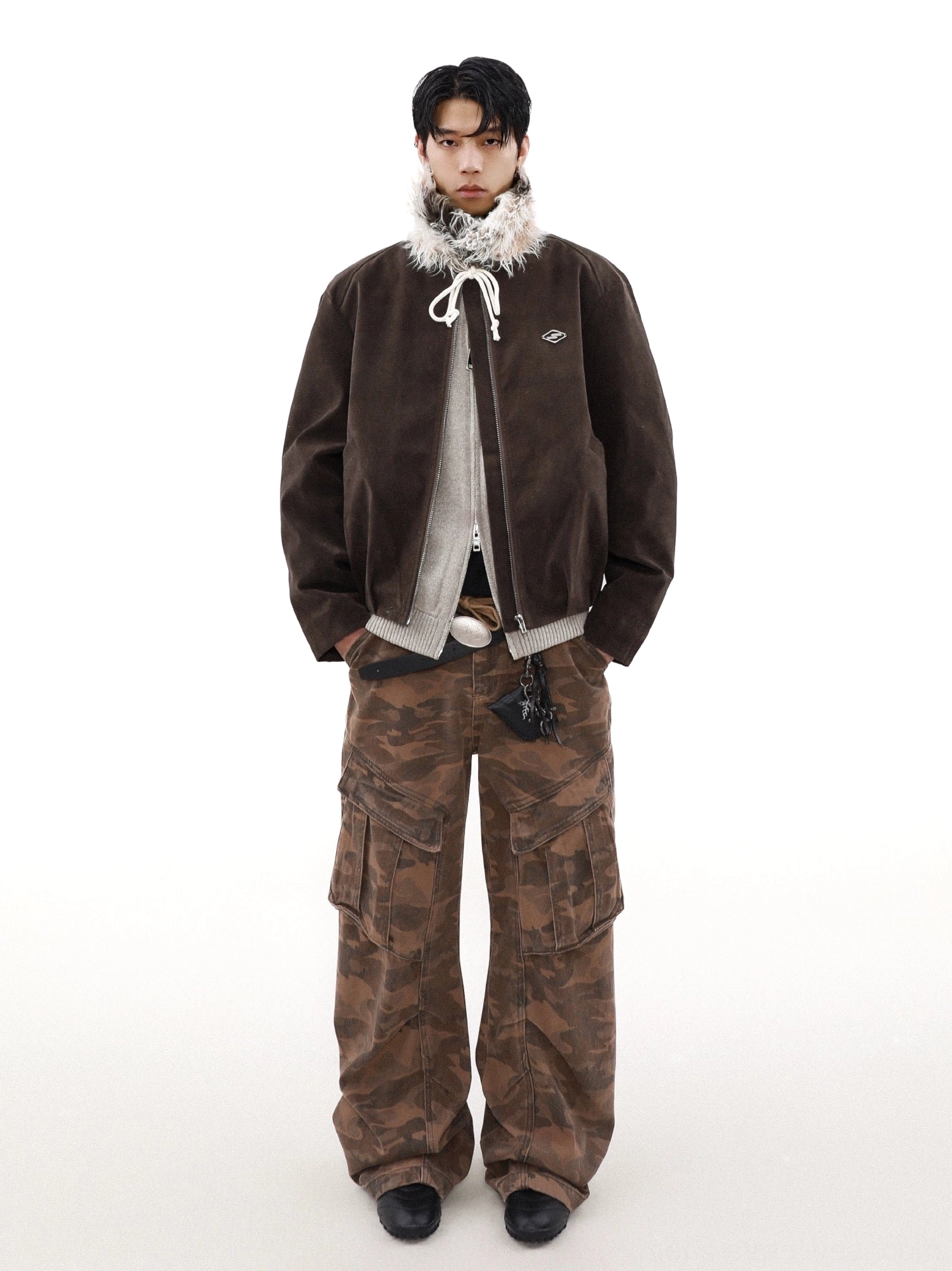 Dark brown faux fur collar suede bomber jacket rear and side silhouette with relaxed streetwear fit