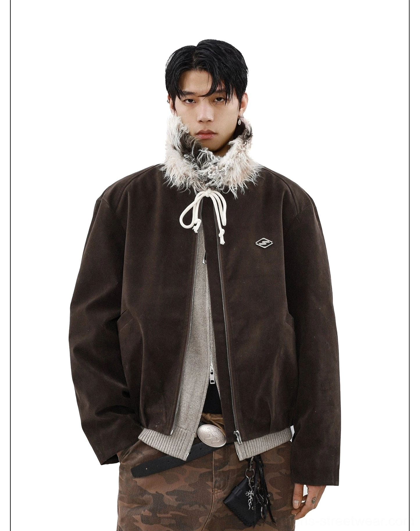 Dark brown faux fur drawstring collar suede bomber jacket with full zipper and ribbed waistband