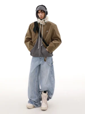 Dark brown faux fur collar suede bomber jacket full front view with loose blue denim jeans