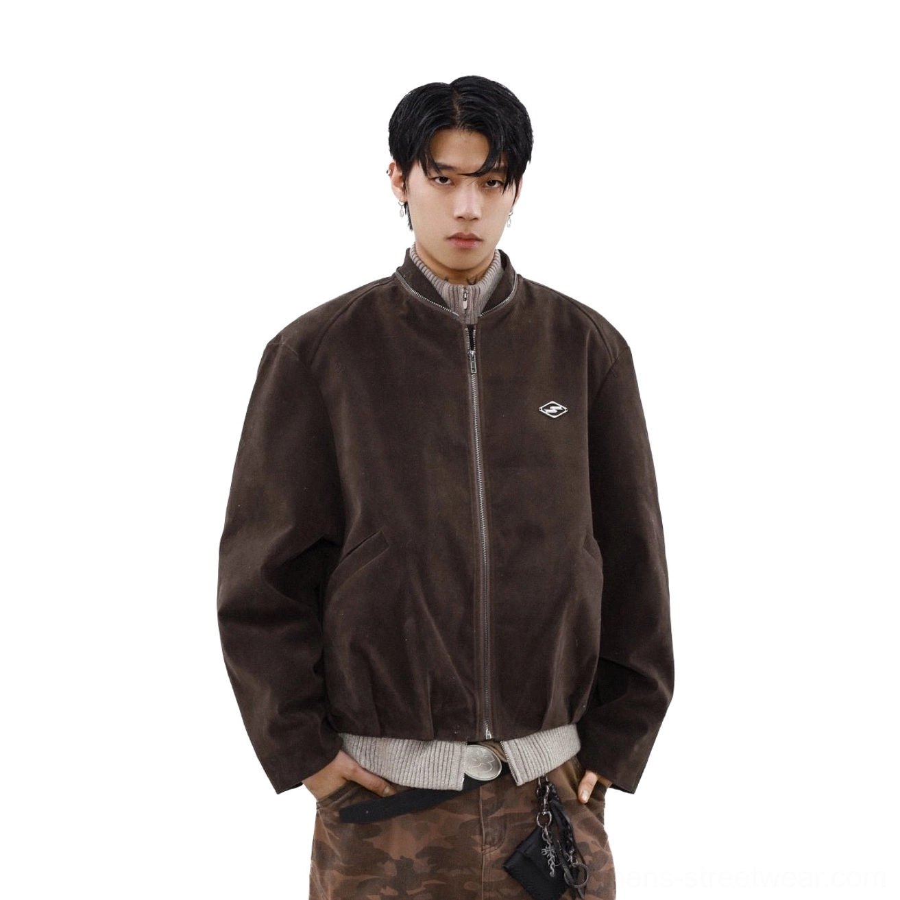 Dark brown faux fur collar suede bomber jacket product image with relaxed vintage streetwear silhouette