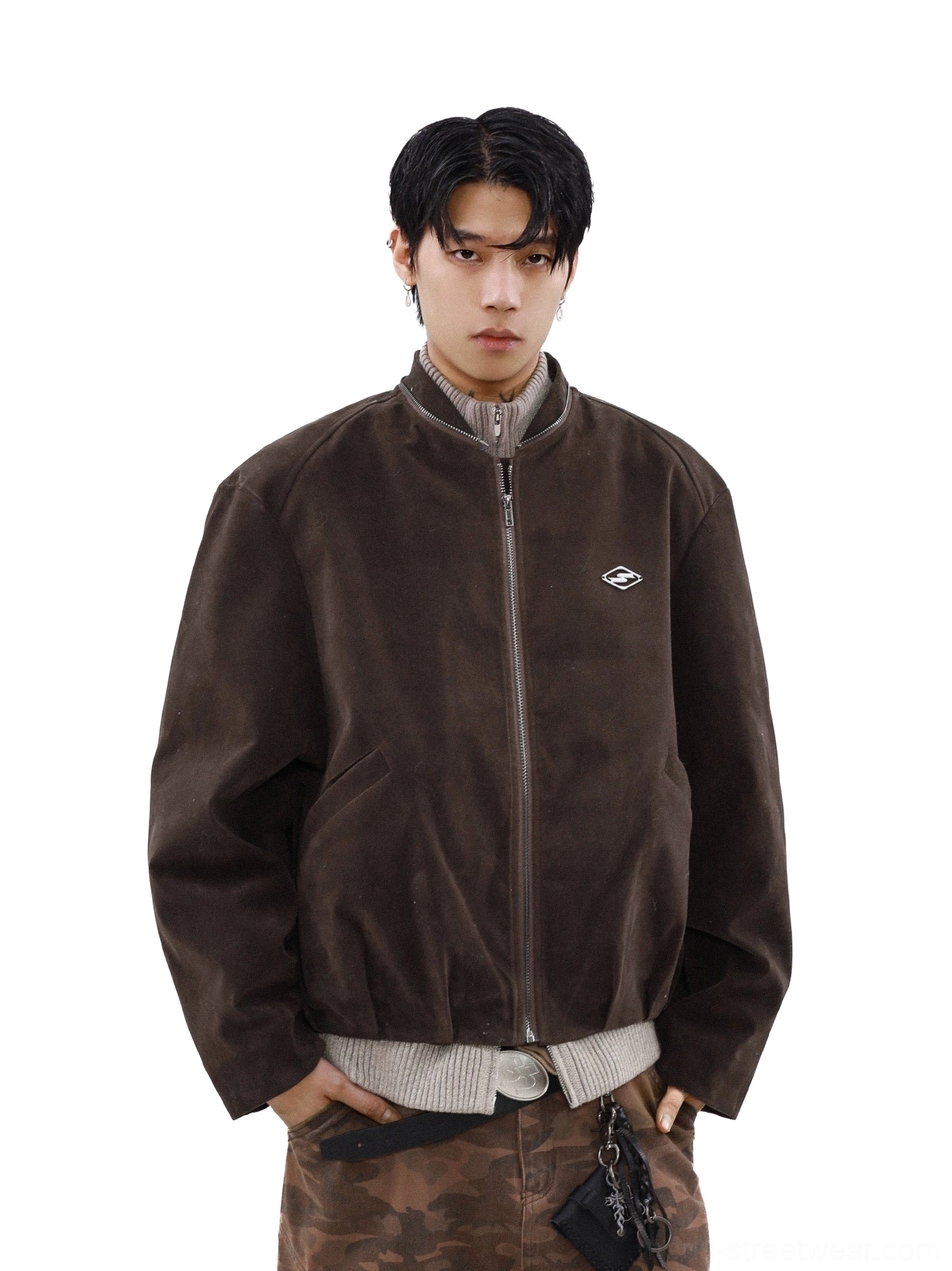 Dark brown suede-look bomber jacket with stand collar zipper and ribbed hem front full body view