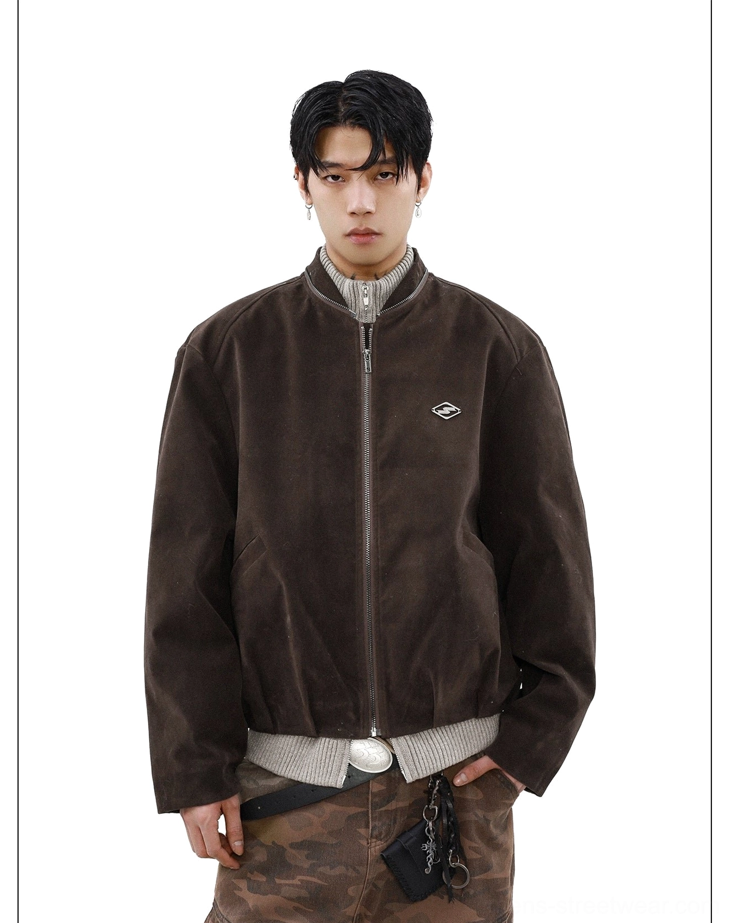 Dark brown faux fur collar bomber jacket lower front view showing zipper closure and ribbed waist hem