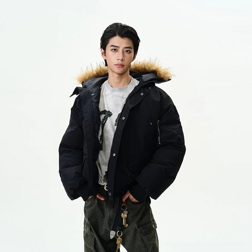 Black faux fur hooded puffer bomber jacket with utility sleeve pocket product view