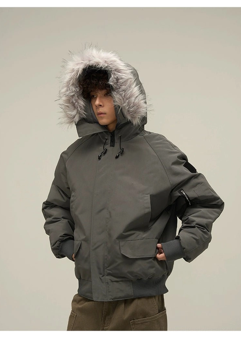 Dark grey faux fur hooded puffer bomber jacket front detail with drawstrings and utility sleeve patch