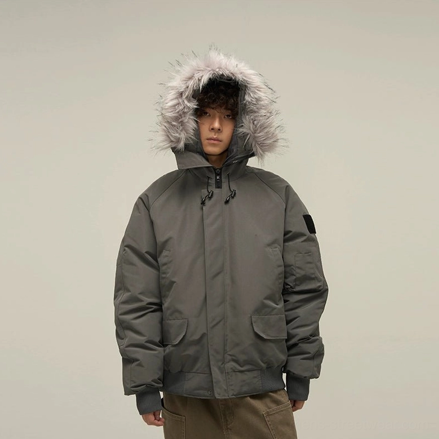 Grey faux fur hooded puffer bomber jacket with utility pocket streetwear view
