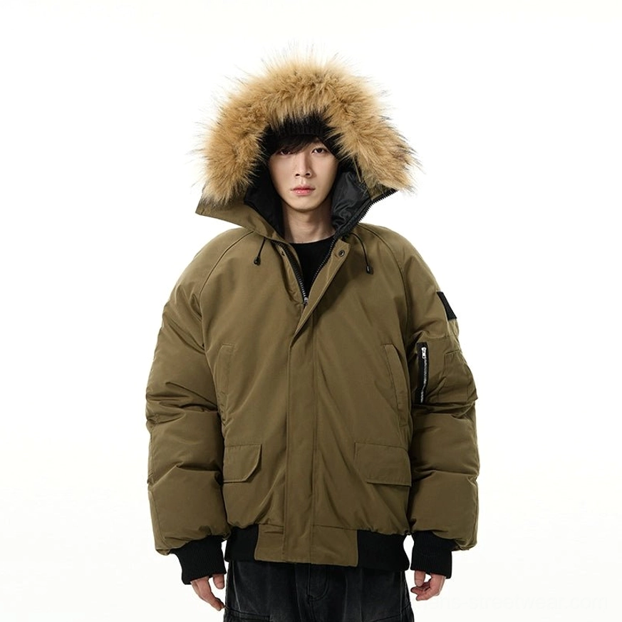 Military green faux fur hooded puffer bomber jacket with insulated lining streetwear view