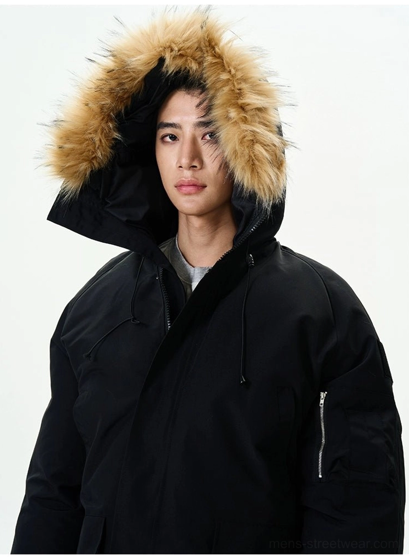 Faux fur hooded puffer bomber jacket relaxed fit Korean streetwear outerwear view