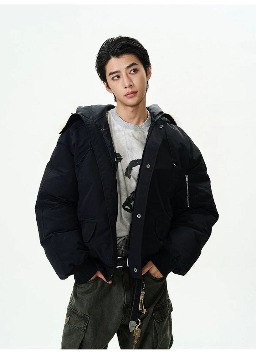 Faux fur hooded puffer bomber jacket utility pocket and full zip closure detail