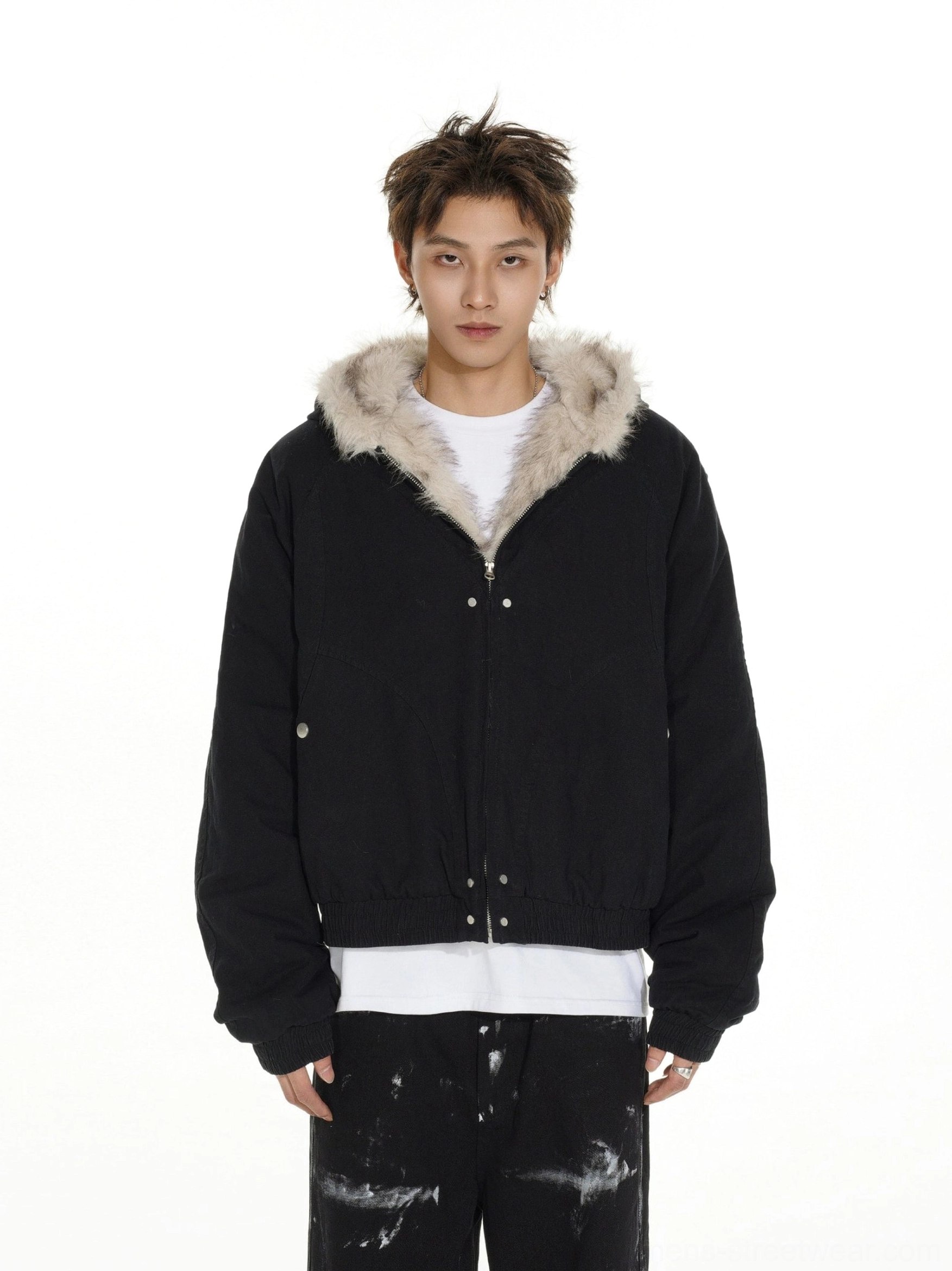 Black faux fur lined hooded cropped bomber jacket shown from the front with snap button closure, elasticated hem, and white tee styling