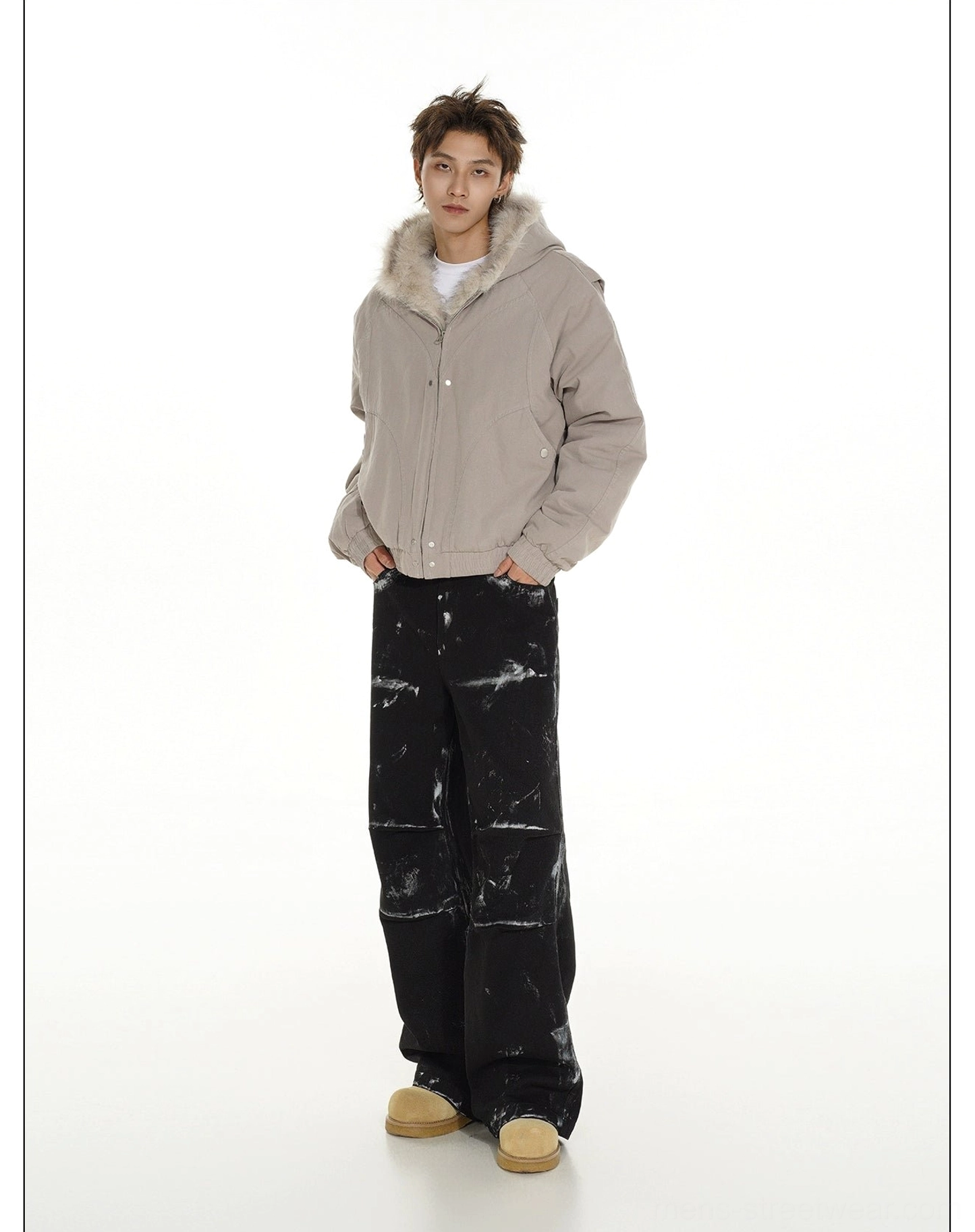 Faux fur lined hooded cropped bomber jacket product image highlighting the winter streetwear silhouette and relaxed fit