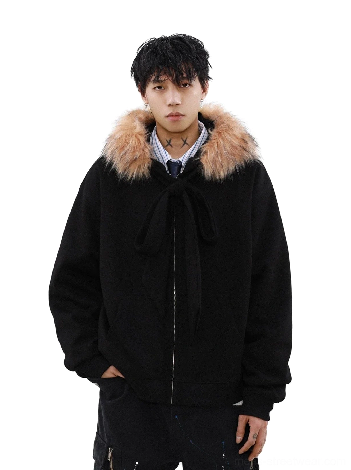 Faux fur trim zip-up hoodie with bow detail in a relaxed Korean streetwear silhouette