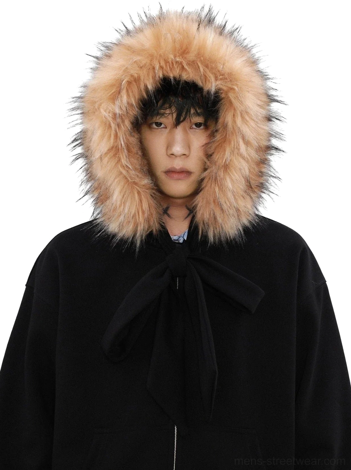 Faux fur trim zip-up hoodie with chest bow accent styled for Seoul-inspired cold-weather streetwear