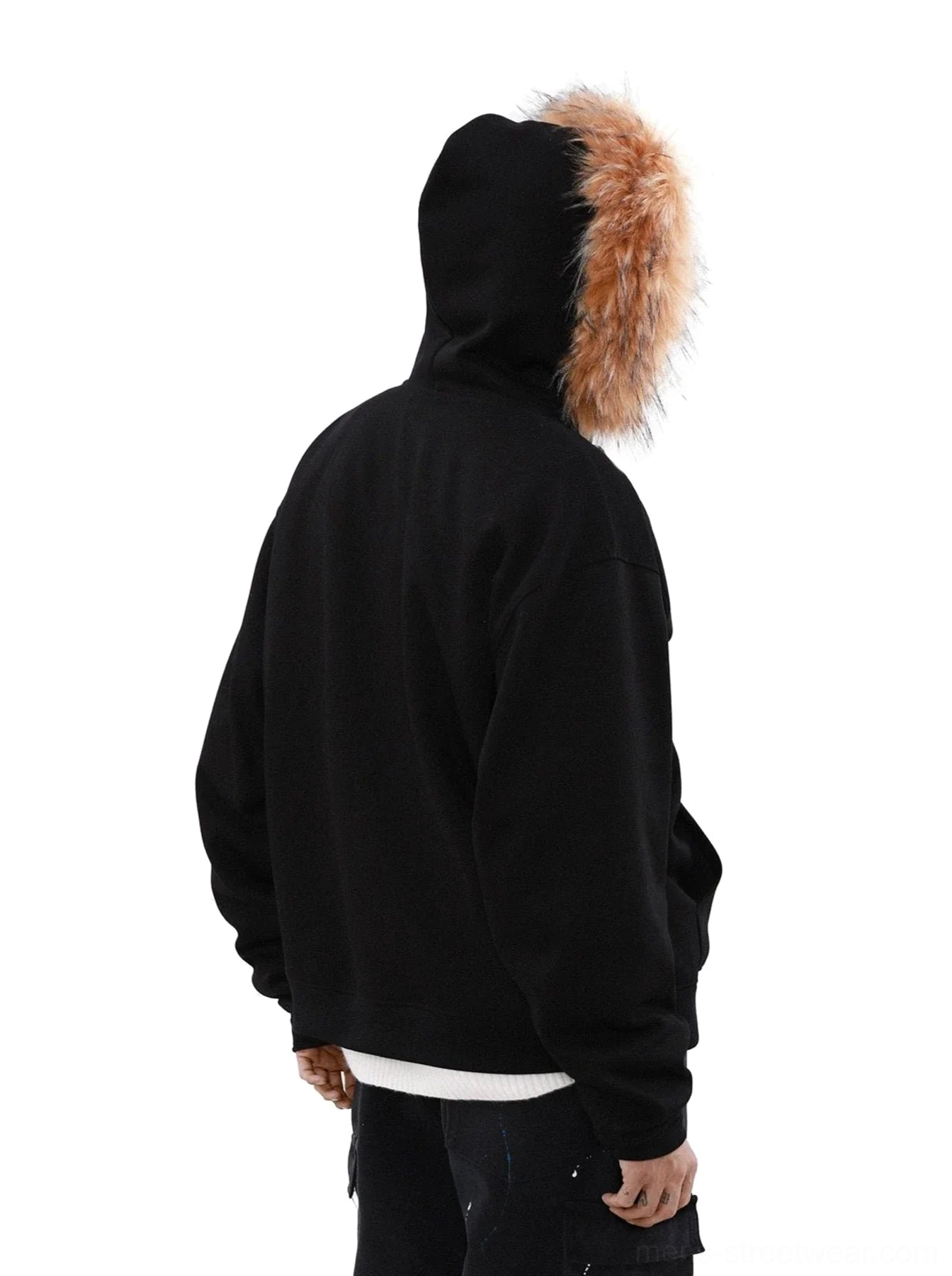 Faux fur trim zip-up hoodie featuring a plush hood edge, front zipper, and casual oversized fit