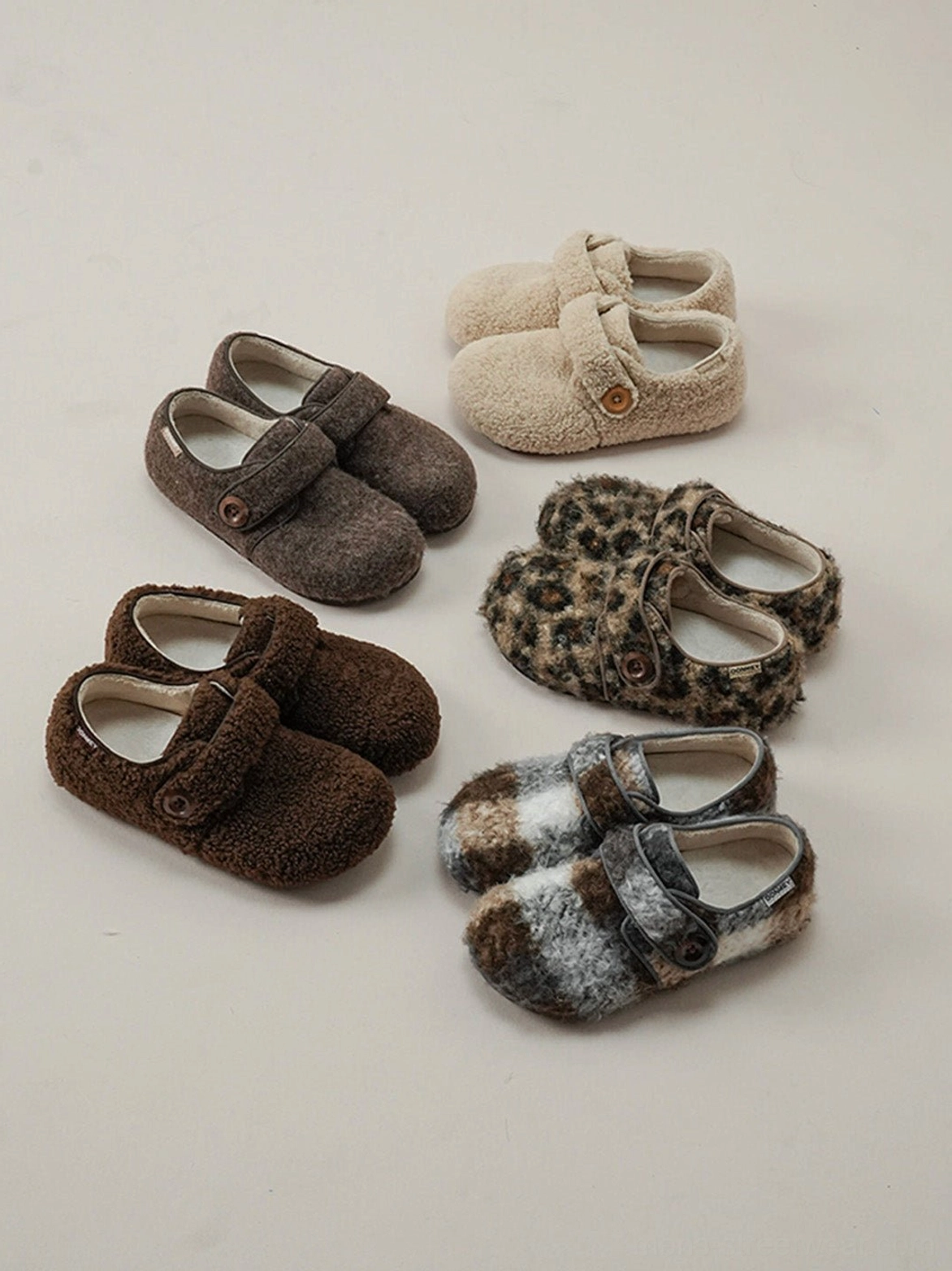 Faux fur Velcro slip-on shoes in leopard and plaid streetwear colorways product detail view