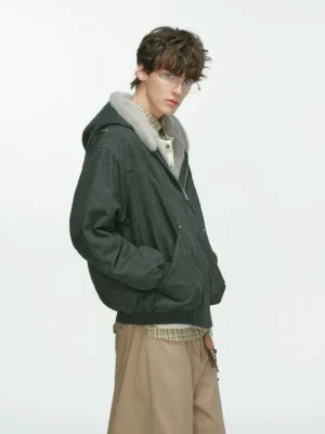Dark gray faux-shearling lined hooded bomber jacket in relaxed winter streetwear fit side view