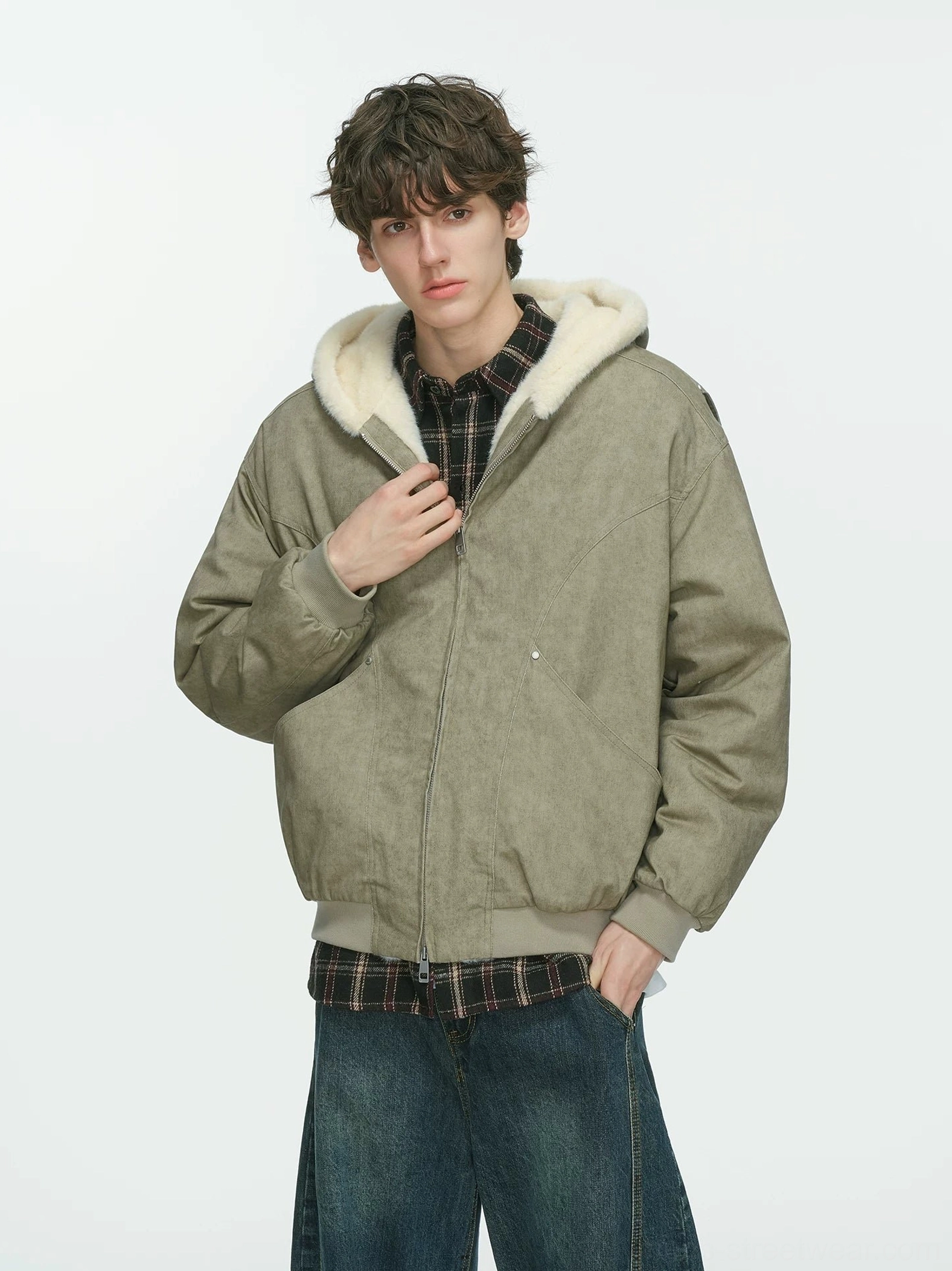 Khaki faux-shearling lined hooded bomber jacket front view with full zip and relaxed streetwear silhouette