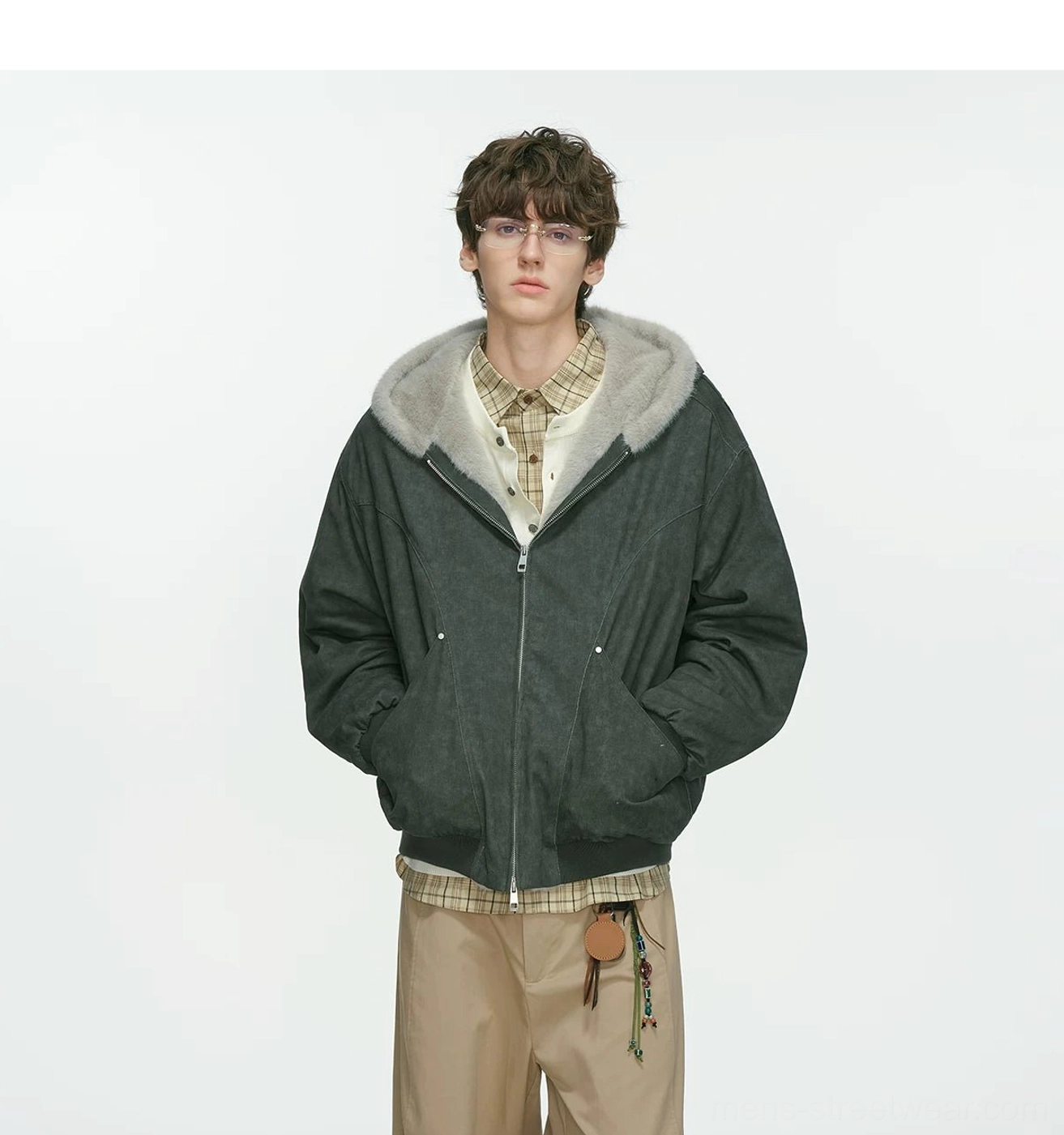 Faux-shearling lined hooded bomber jacket with relaxed fit and full zip construction detail