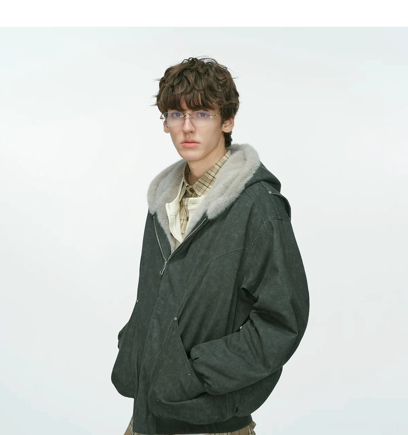 Faux-shearling lined hooded bomber jacket winter streetwear product detail view