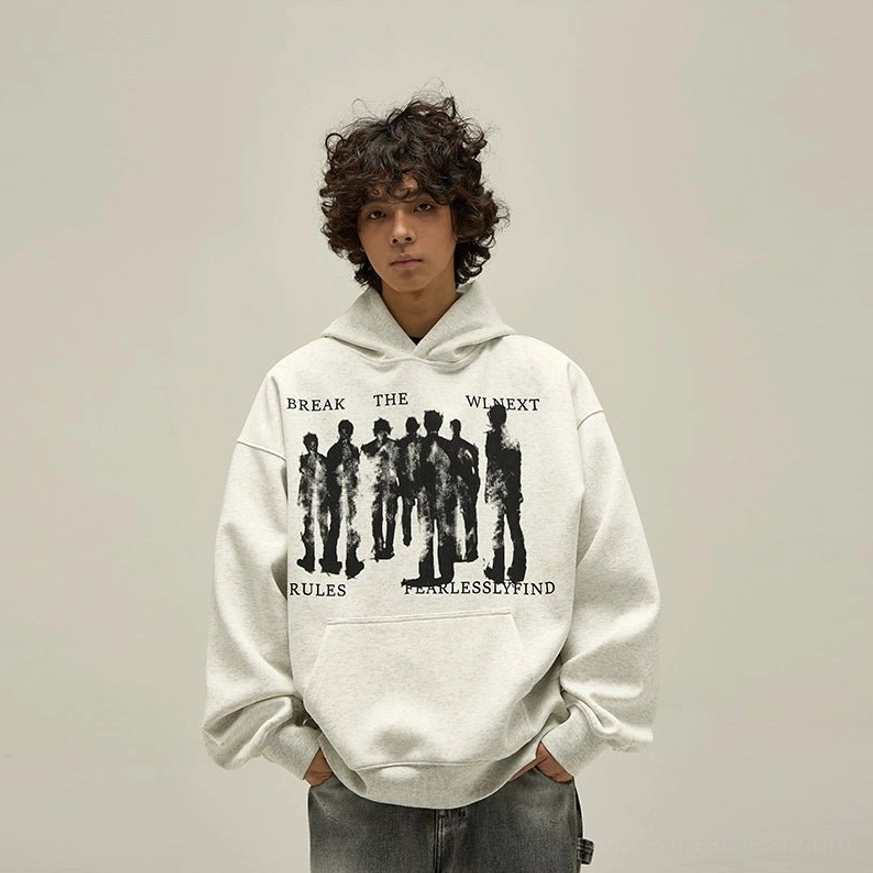 Heather gray fearless oversized graphic hoodie close front view with black abstract figure print and kangaroo pocket