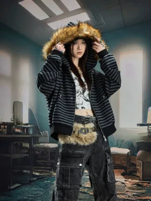 Black and grey striped faux fur trim hooded zip-up streetwear jacket worn by female model with cargo jeans in industrial setting