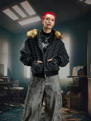 Black grey striped faux fur hood zip-up jacket worn by male model with graphic t-shirt and wide-leg denim Seoul streetwear outfit