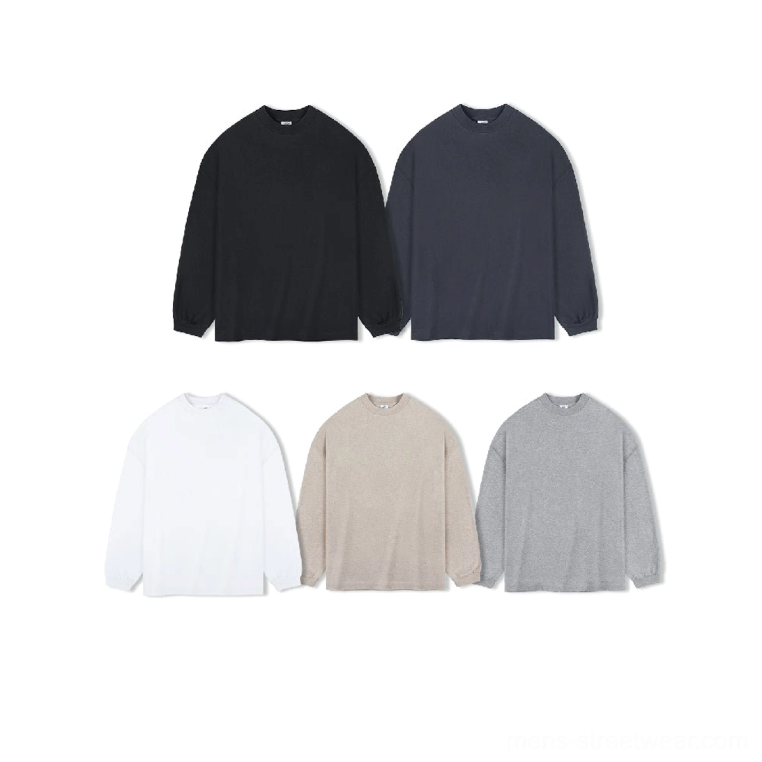 Five-color collection of oversized heavyweight long sleeve cotton streetwear tees in black gray white and oatmeal